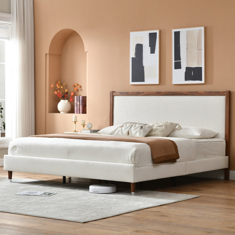 Wooden platform bed with upholstered base, Cream, King