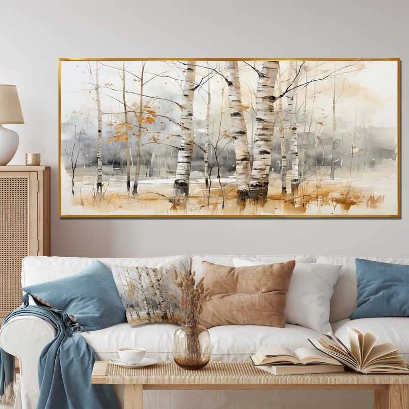 «Winter Birch Wood Forest I - Tree Birch», art mural, Cadre flottant doré, H 12 po x l 20 po x P 1 po