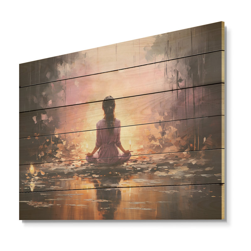 Pink Yoga Mediation - Yoga Wood Panel Wall Art On Natural Pine Wood, 30" H x 40" W