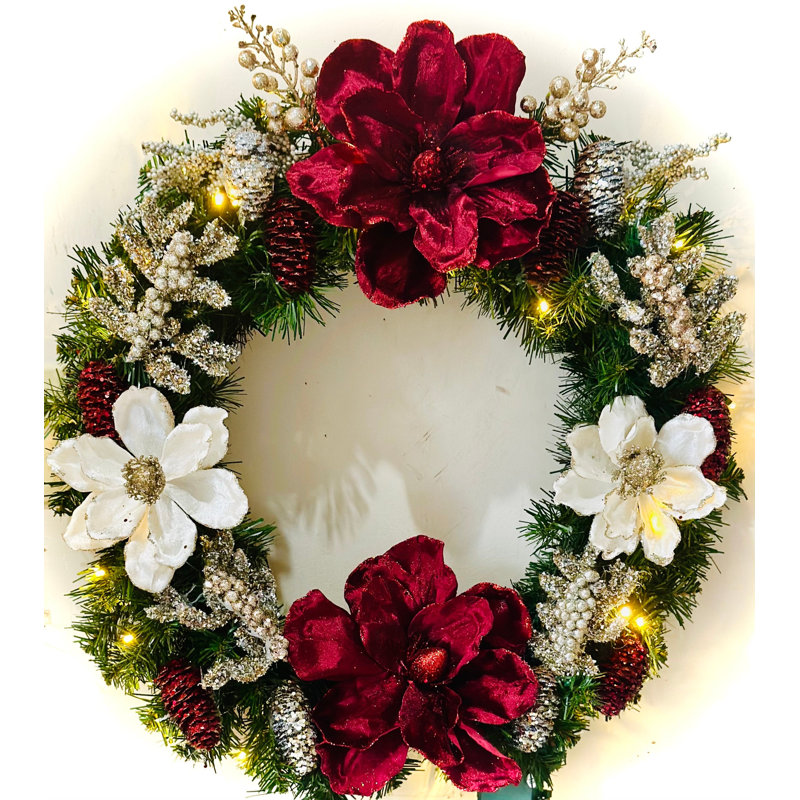 Couronne de Noël bourgogne et métallique pré-éclairée: couronne de Noël bourgogne, blanche, platine et or / champagne