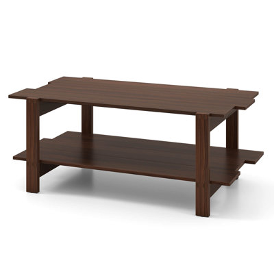 2-Tier Coffee Table Irregular Center Table with Open Storage Shelf Cocktail Table Walnut