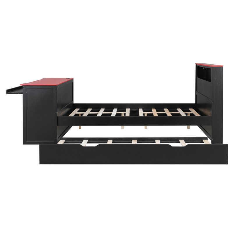 Lit de jour en bois pleine grandeur avec lit gigogne simple, bureau, lumière DEL et USB, noir et rouge, Lit double