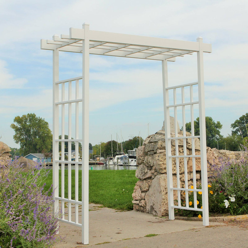 White Vinyl Grid-Style Outdoor Garden Arbor with Anchors