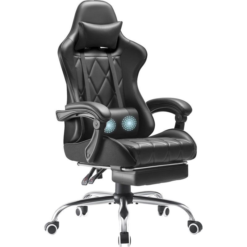 Gaming Chair with Footrest and Massage Lumbar Support, Ergonomic Computer Seat Height Adjustable with 360°Swivel and Headrest, Black
