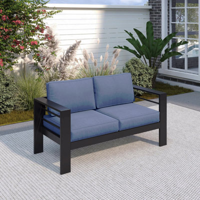 50" All-Weather Aluminum Patio Loveseat With Thick Blue Cushions & Black Frame