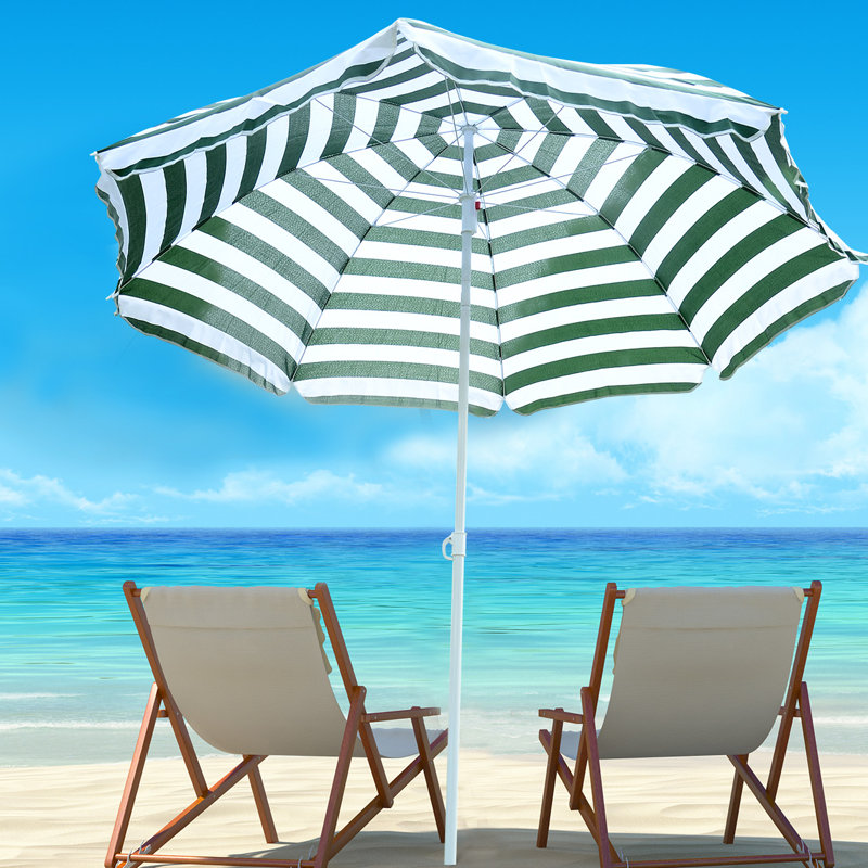 Parasol de plage rond de 1,80 m avec mécanisme d'inclinaison, rayé vert