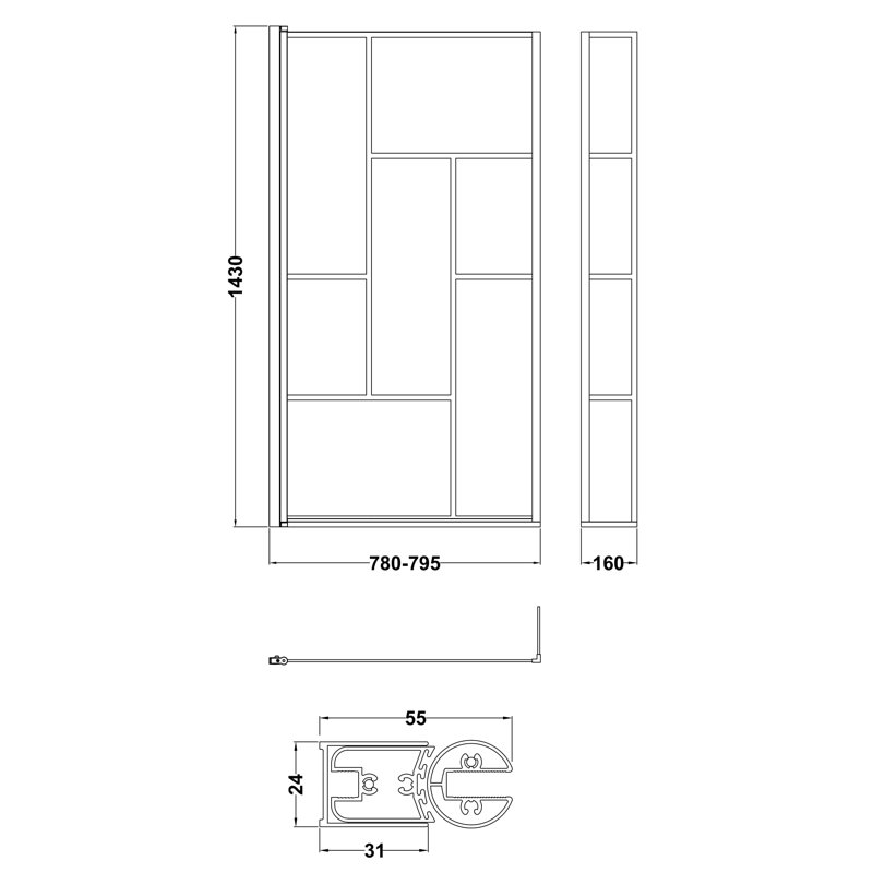 808mm W x 1430mm H Framed Tub Door with Pattern Glass