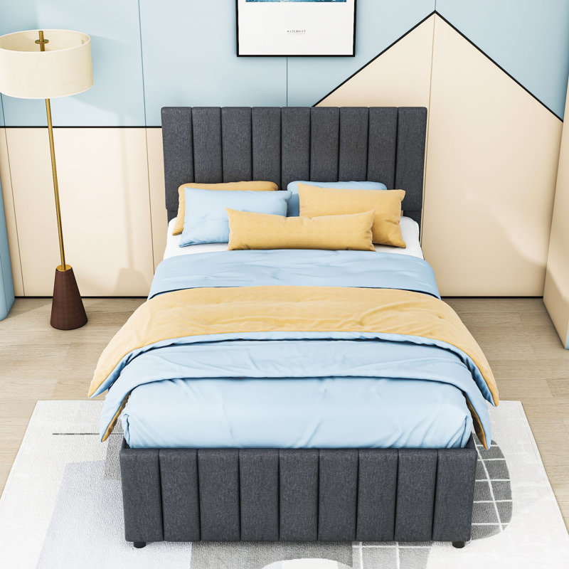 Lit plateforme tapissier avec lit gigogne et tiroirs de rangement, Double, gris
