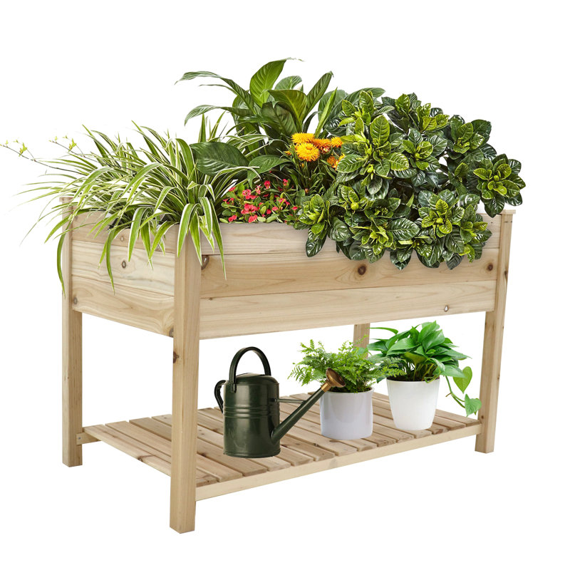 Boîte à fleurs surélevée pour jardin avec pieds et tablette de rangement