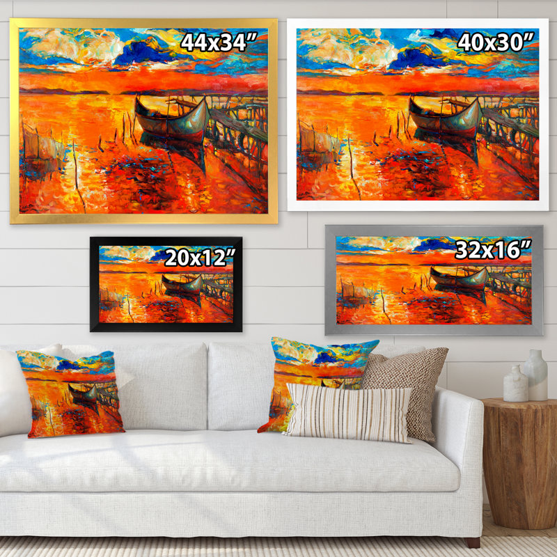 Bateau rouge et jetée, peinture murale décorative nautique et côtière, H 8 po x l 12 po x P 1,5 po, Encadrement doré