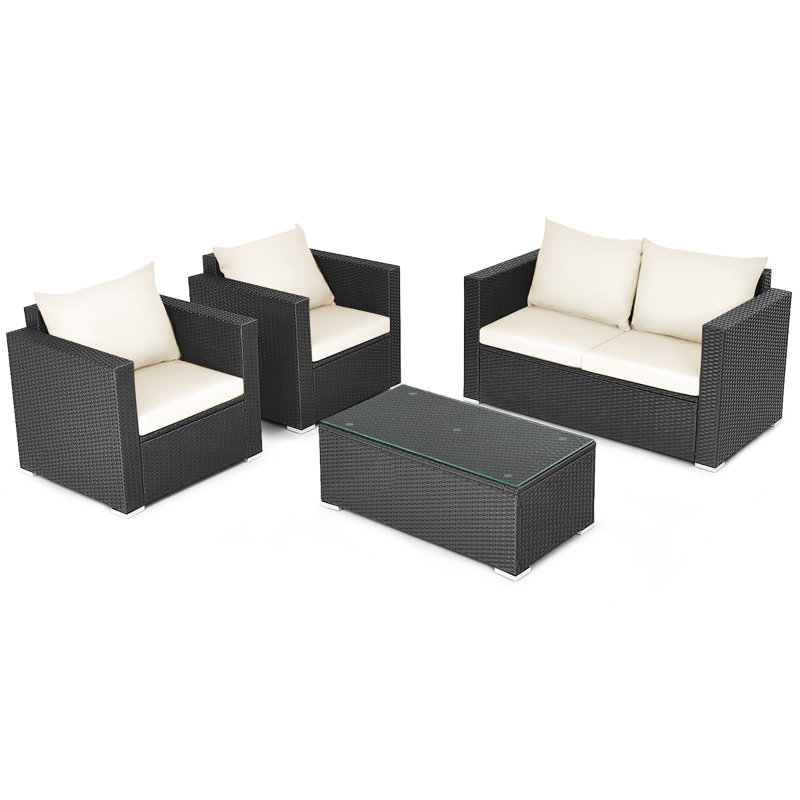 Ensemble de conversation en rotin avec canapé et coussins 4 pièces Bakerman, Blanc