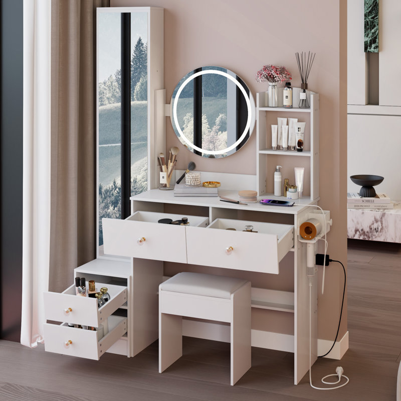 Full Body Mirror Cabinet + Round Mirror LED Vanity Table + Cushioned Stool, With 2 AC + 2 USB Power Station,17" Diameter LED Mirror, Touch Control, 3-Color, Brightness Adjustable, Large Desktop