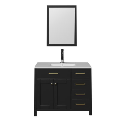 36" Bathroom Vanity With Mirror, Solid Wood Storage Cabinet With Drawers & Doors, Gold Hardware, No Sink/Faucet