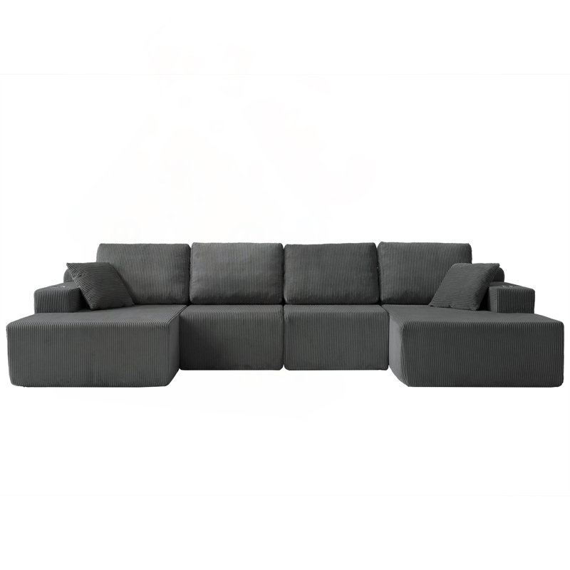 Canapé modulaire en forme de U 130 po en velours côtelé avec support à ressorts pour matelas, Grey Corduroy, Grey