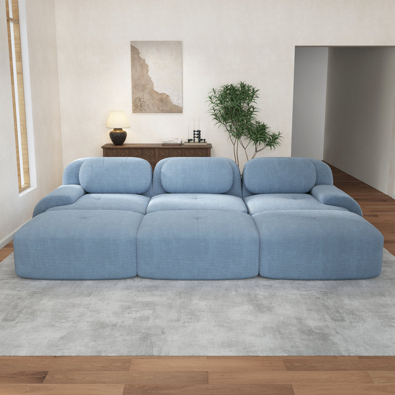 Boneless Three-Seat Modular Sofa With 3 Ottomans Corduroy Fabric 32D High-Resilience Sponge Living Rooms Media Rooms