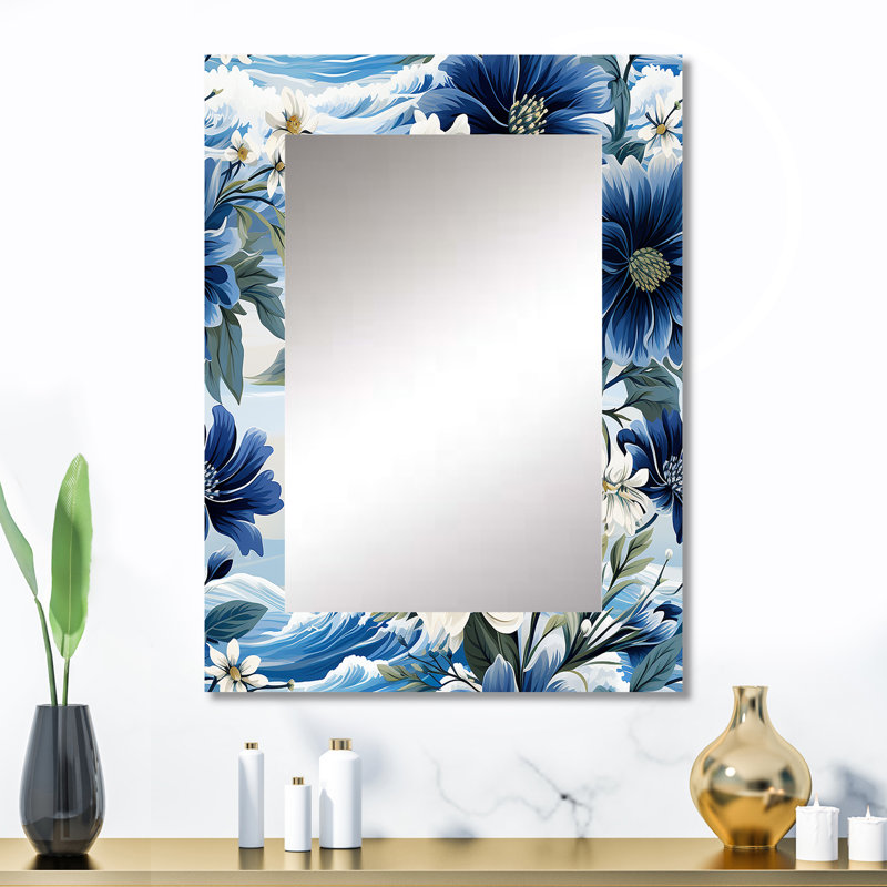 Ardean Coastal Blues White Flowers Blooms - décor de miroir mural floral unique, grand miroir de maison de campagne, impression d'art en métal