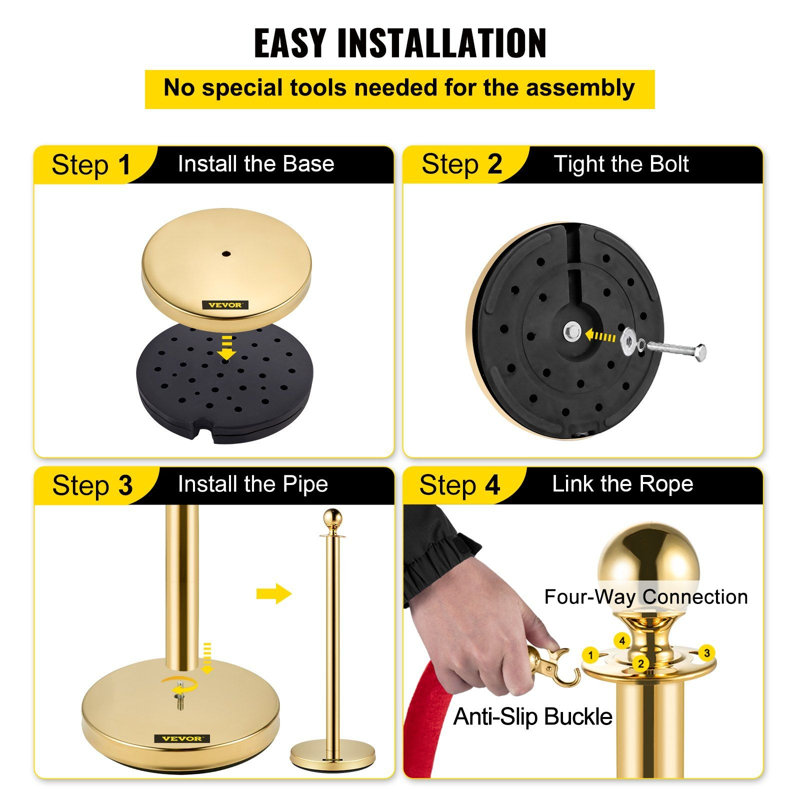 Ensemble de 4 chandeliers Gold Crowd Control, 37,8 po de hauteur, 201 pièces en acier inoxydable, barrière de corde en velours, or, poteaux de corde rouge