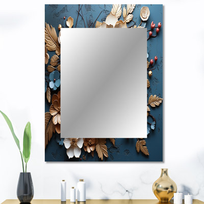 Orchidée bleue et blanche dorée de branches V - miroir mural floral unique, miroir traditionnel, art imprimé en métal