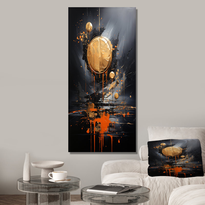 «Black and Gold Spiral Graffiti I», art mural abstrait, Toile tendue, H 60 po x l 28 po x P 1,5 po