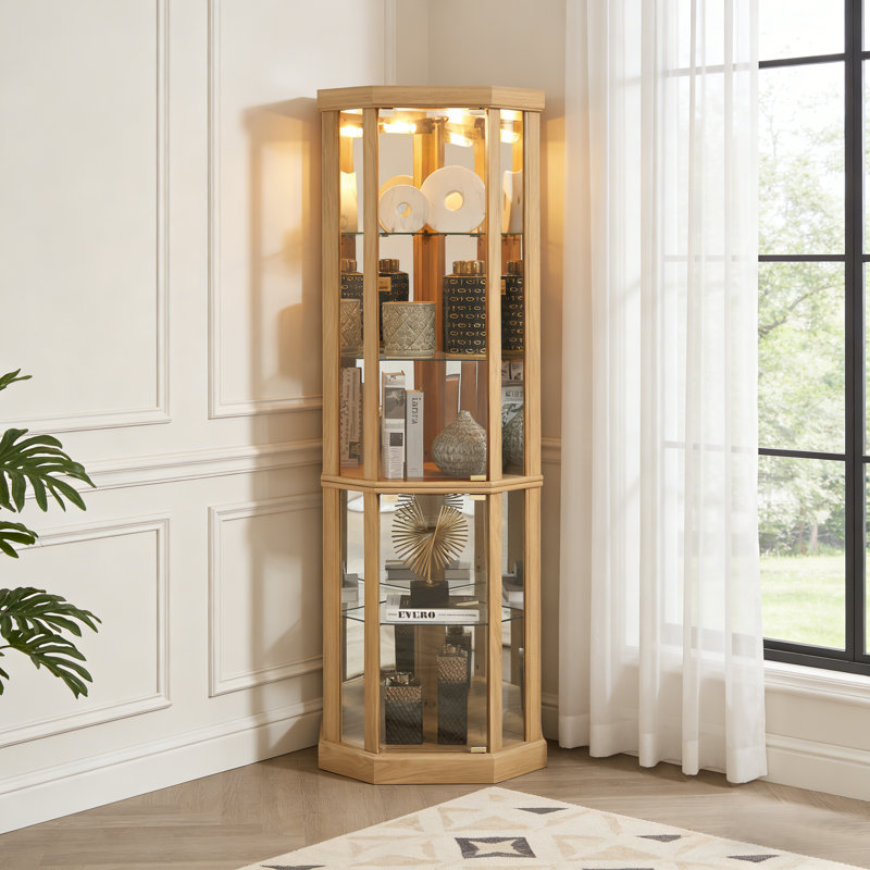 Vitrine d'angle en verre Therris, Chêne clair, H 69,85 po x l 16,5 po x P 16,5 po