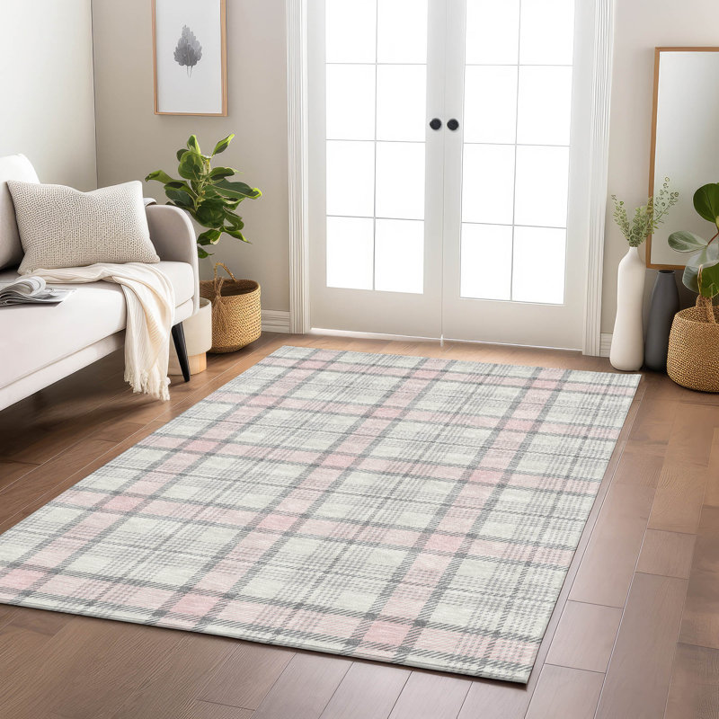 Pink and Gray Plaid Washable Synthetic Rug, 3' x 5'