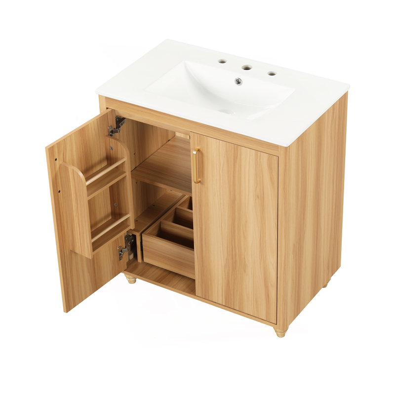 30" Bathroom Vanity With Sink Combo, Multi-Functional Bathroom Cabinet With Doors And Drawer,  MDF Board, Natural