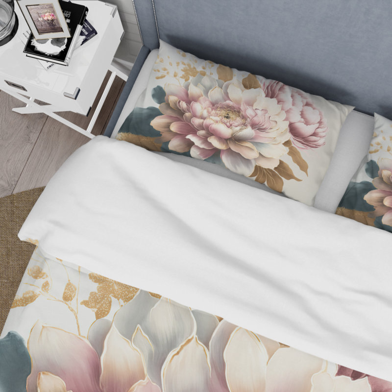 Ensemble de housse de couette Dahlia rose et doré - Microfibre polyester, Housse de couette simple + 1 taie décorative stan
