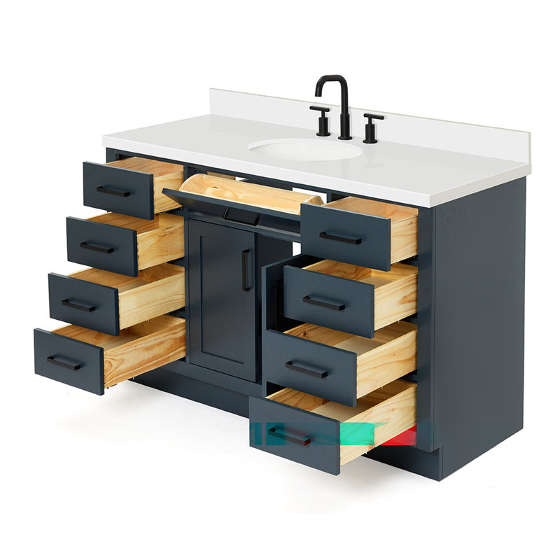 Meuble-lavabo simple en bois massif 54 po avec lavabo à quartz blanc 1,5 po Thornaby, Bleu minuit / noir mat, Ovale