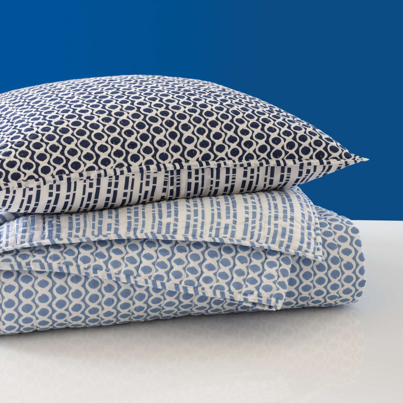 Indigo Cotton Quilted Sham with Geometric Print