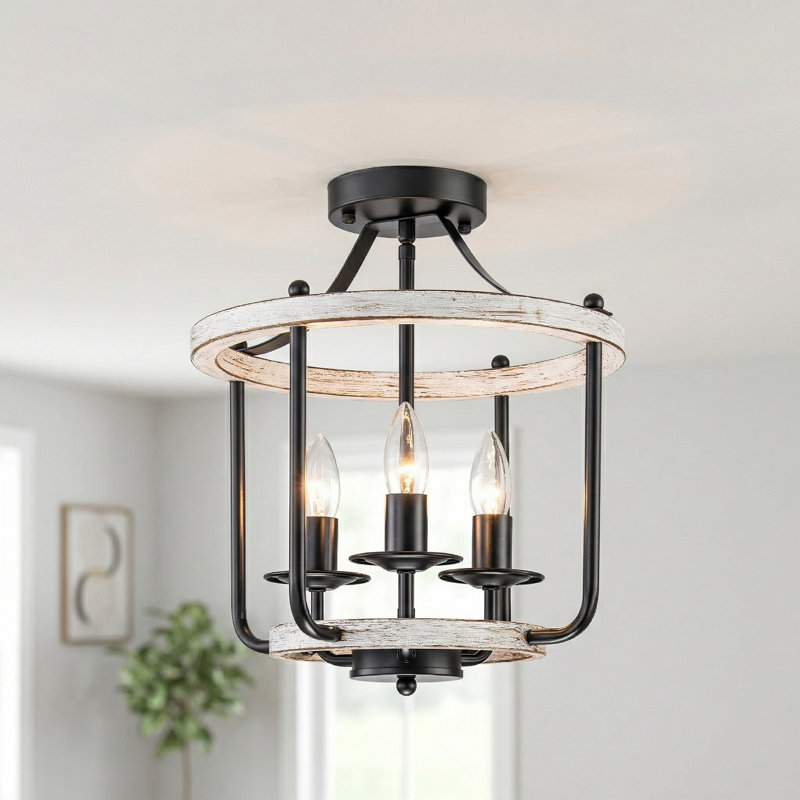 3-light Farmhouse Semi Flush Mount, Matte Black/White Wood Accents