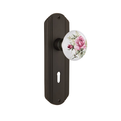 White Rose Porcelain Interior Mortise Door Knob with Deco Long Plate