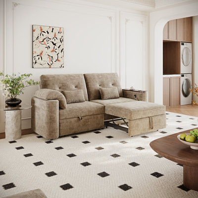 82" 3-in-1 Convertible Sofa Bed with 270° Swivel Side Table, Chenille Upholstery, Pull-Out Sleeper Sofa for Living Room
