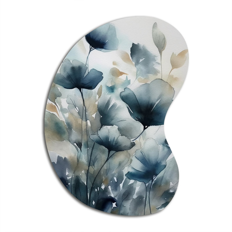 «Blue Leaf Foliage and Flowers III - Asymmetric Leaves», art mural en métal à forme unique, H 31 po x l 22 po