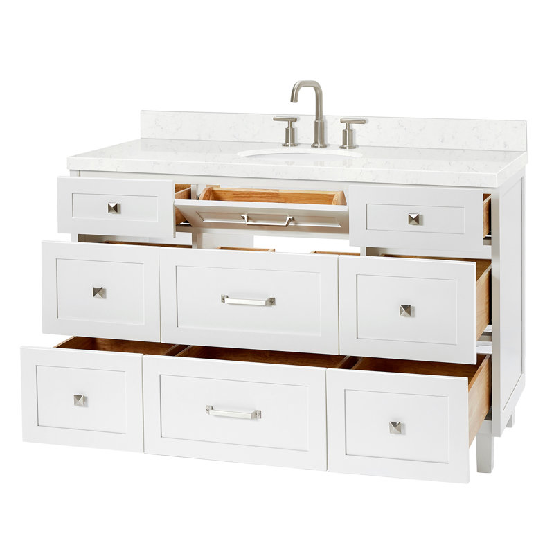 ARIEL Monrow Single Sink Bathroom Vanity with Carrara Quartz Top, White, 54", Carrara White Quartz