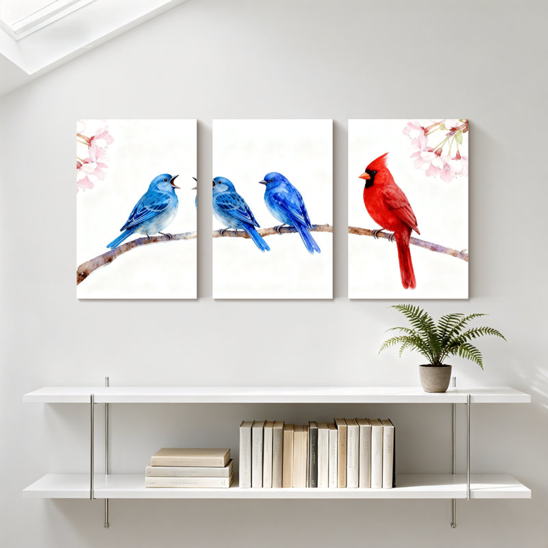Oiseaux bleus chantant sur une branche avec un cardinal rouge, ensemble de 3 impressions sur toile, H 24 po x l 48 po