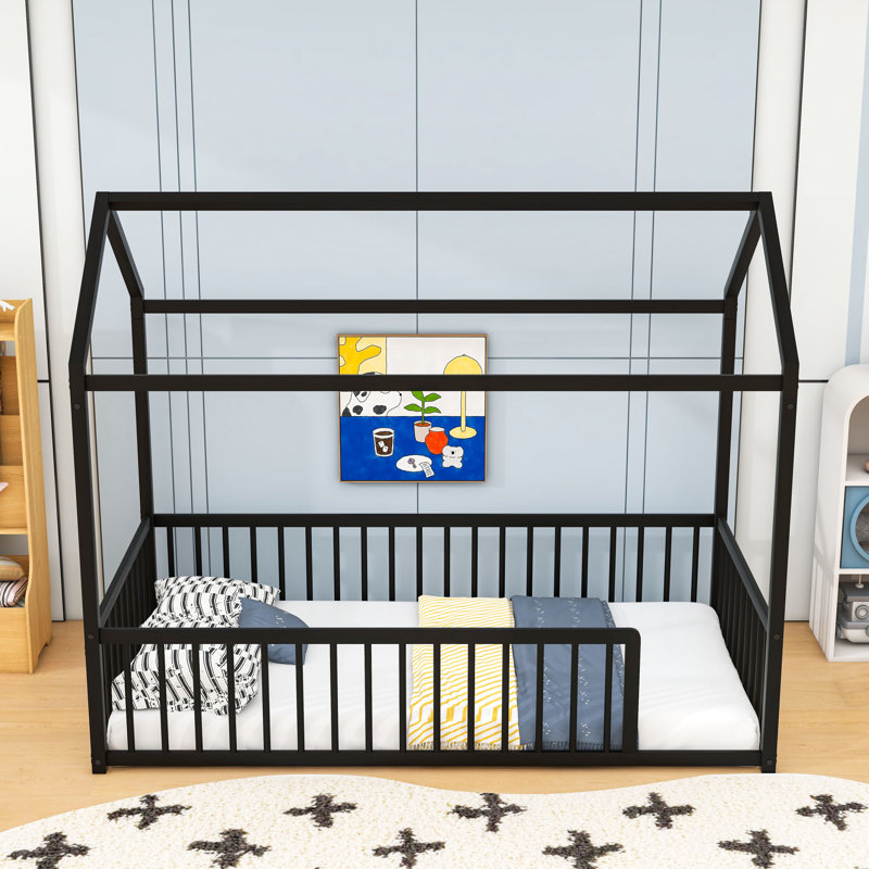 Metal Floor Bed Frame With Fence, Twin, Black