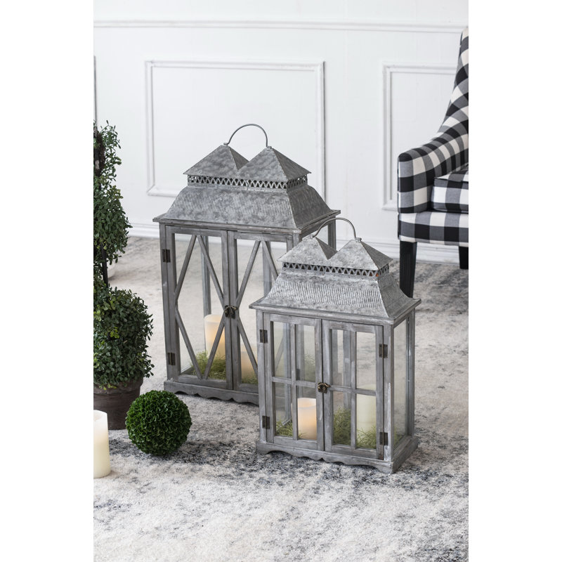 Lanterne en bois + métal + verre 2 pièces porte-bougie brun gris