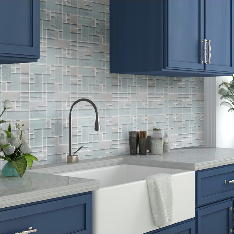 1.9" x 1.9" Glass/Marble Brick Joint Mosaic Wall & Floor Tile, Gray/Beige