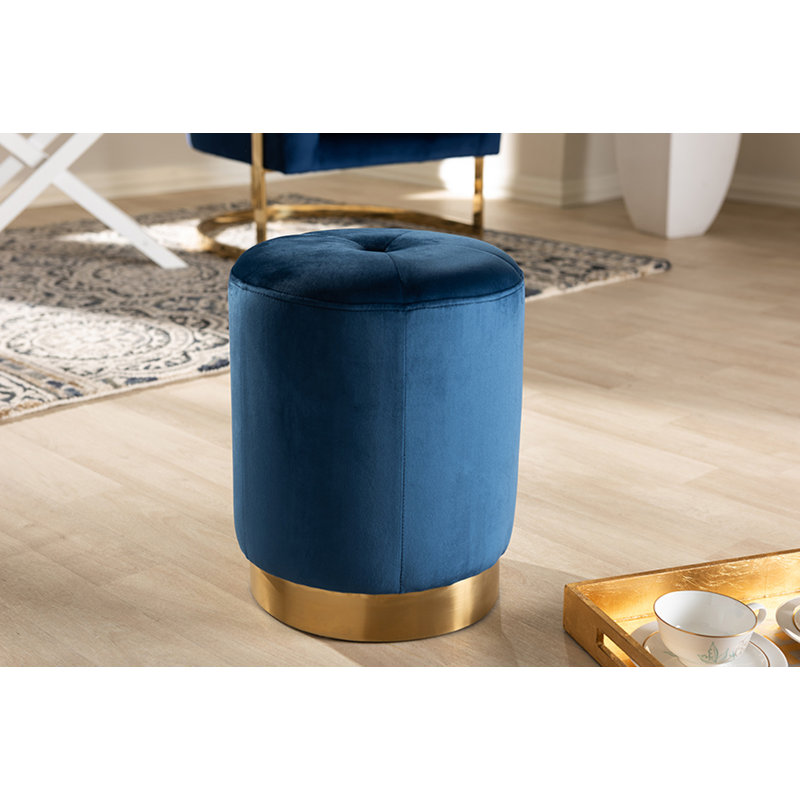 Repose-pieds rond standard capitonné en velours de 12,6 po Leola, Bleu marine