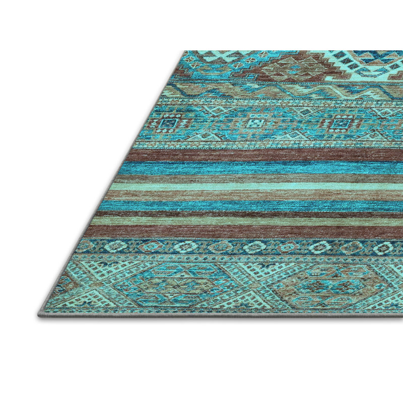 Tapis bleu / brun en polyester tissé à la machine Southwestern, Rectangle 2 pi x 3 pi