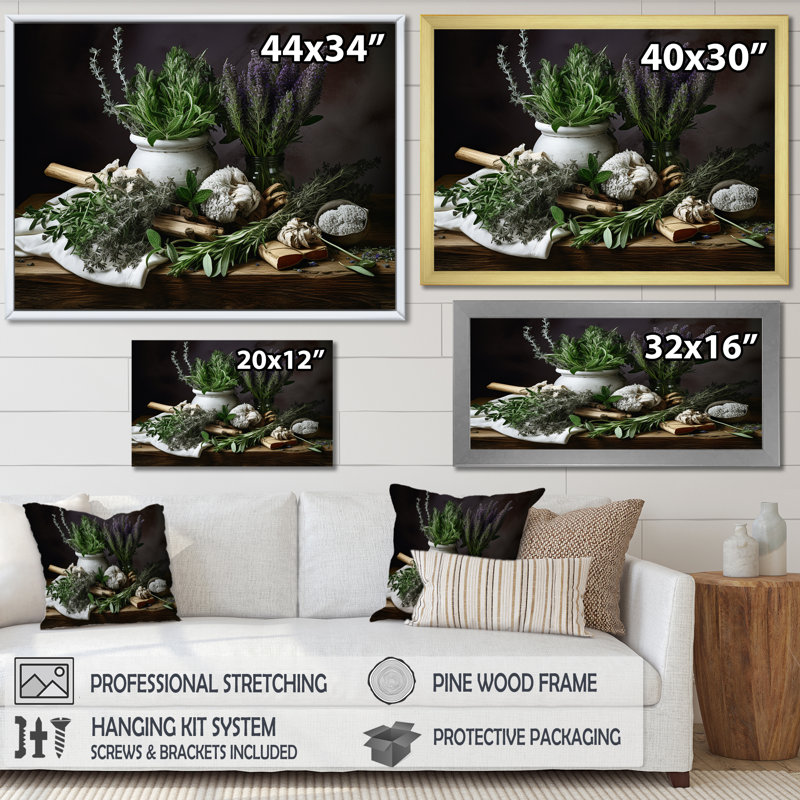 Nature morte au bouquet d'herbes - art mural herbes, Cadre naturel flottant, H 16 po x l 32 po x P 1 po