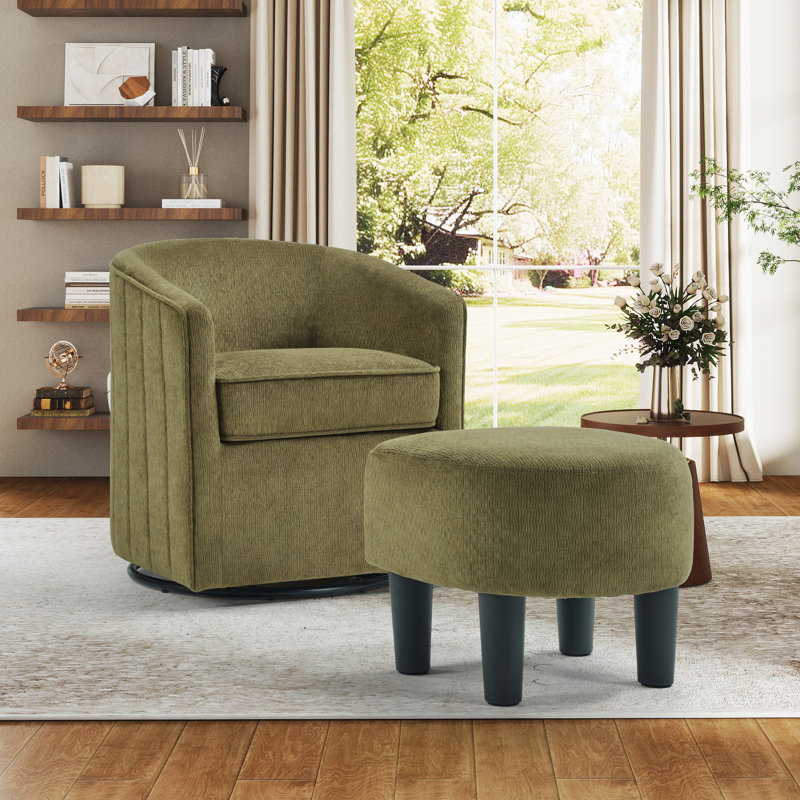 24.4" W Contemporary Upholstered Soft Swivel Barrel Chair And Ottoman, Dark Green, 5