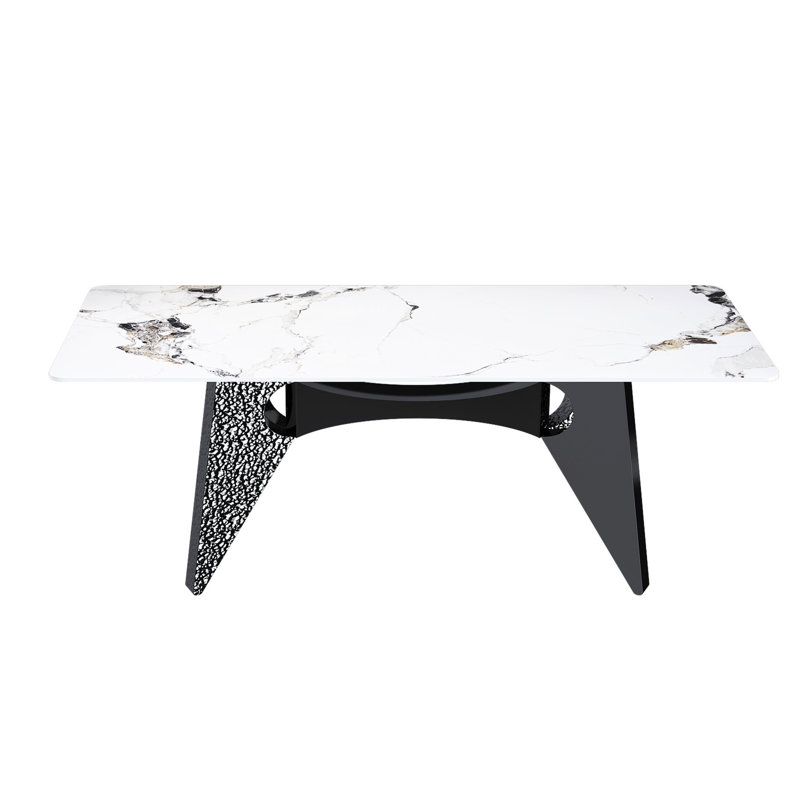 Table de salle à manger rectangulaire en marbre de 71 po pour 6 à 8 personnes, base en acier inoxydable, stabilité à long terme, cuisine moderne fonctionnelle avec base d'usure, qualité