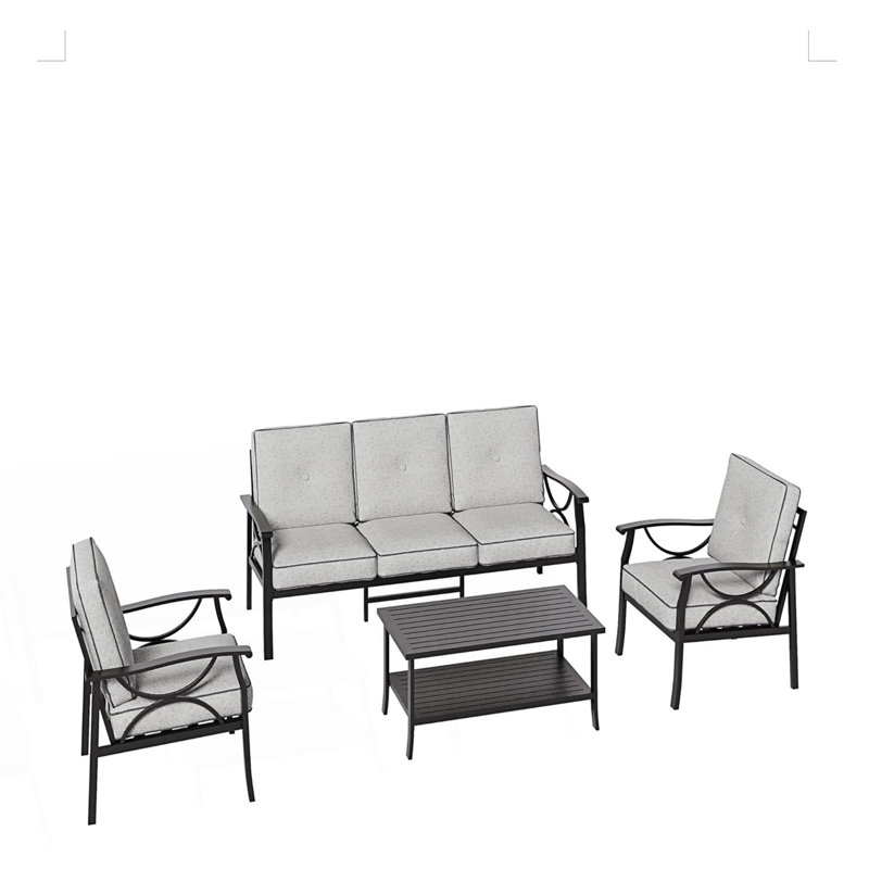 Ensemble de meubles de patio en métal 4 pièces, conversation toutes saisons avec table basse, Gris, Noir