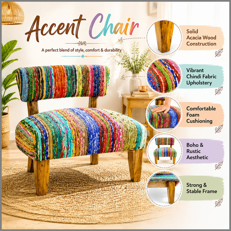 Chaise d'appoint rembourrée en bois, structure en bois d'acacia massif de 25 x 25 x 27 po, chaise longue Boho à coussin en coton tissé à la main multicolore pour le salon