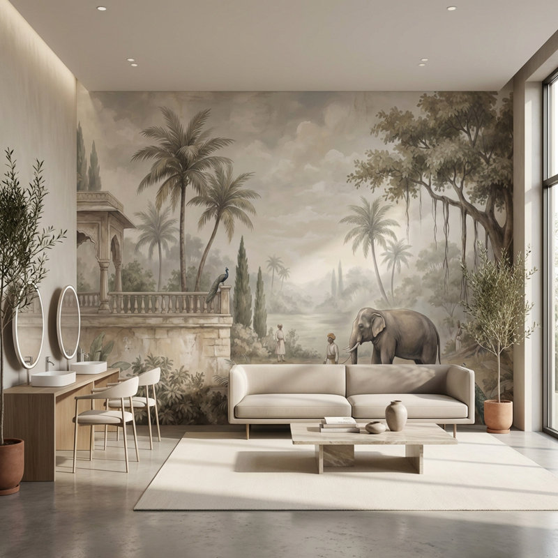 Papier peint rétro avec éléphant tropical, Non-Woven Nonpasted, 140" x 108"