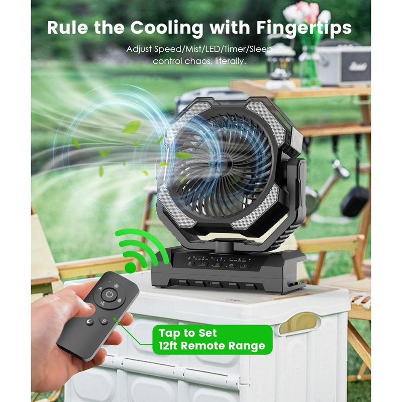 Ventilateur de camping brumisateur - Portable avec réservoir de 9 oz, lumière, crochet - Alimentation par batterie 120H MAX en fonctionnement, refroidissement rapide, 4 vitesses, minuterie, mode veille, pour l'extérieur, les voyages, les patios, la pla