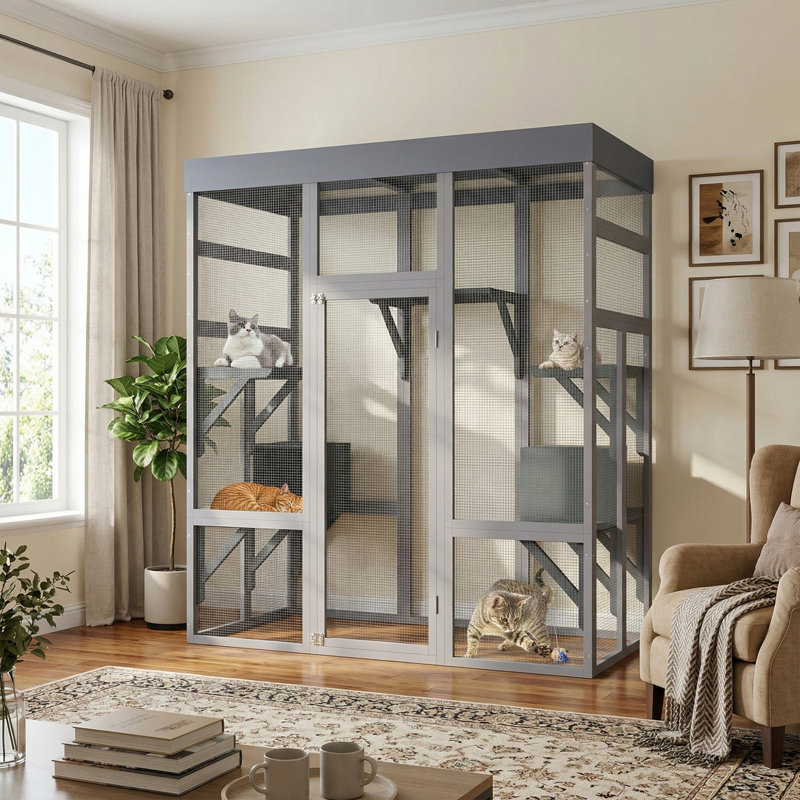 Catio d'extérieur en bois pour chats, grande enceinte pour chat avec toit imperméable, 2 maisons pour faire la sieste, plateformes et fil galvanisé - Cage pour animaux pour cour ou patio