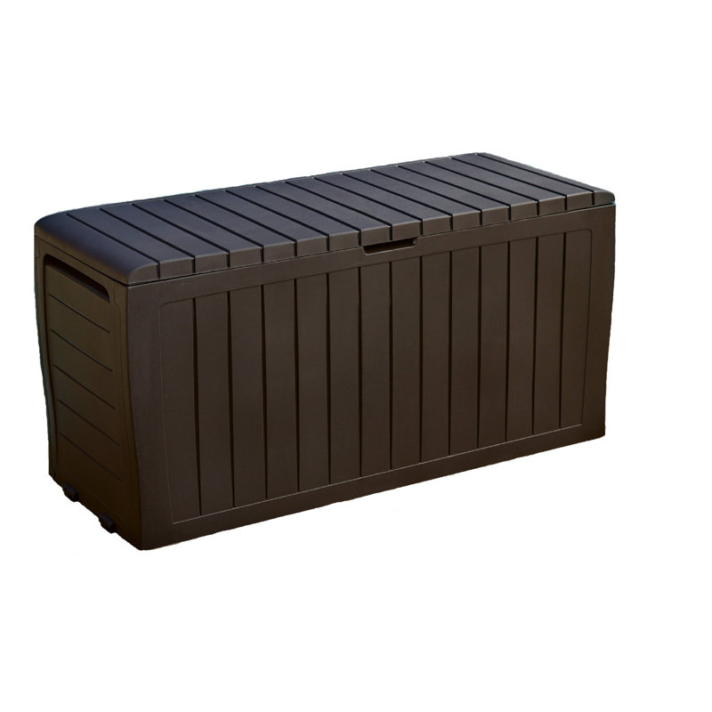 Brown Lockable Plastic Wicker Deck Box with Wheels, 71 Gal