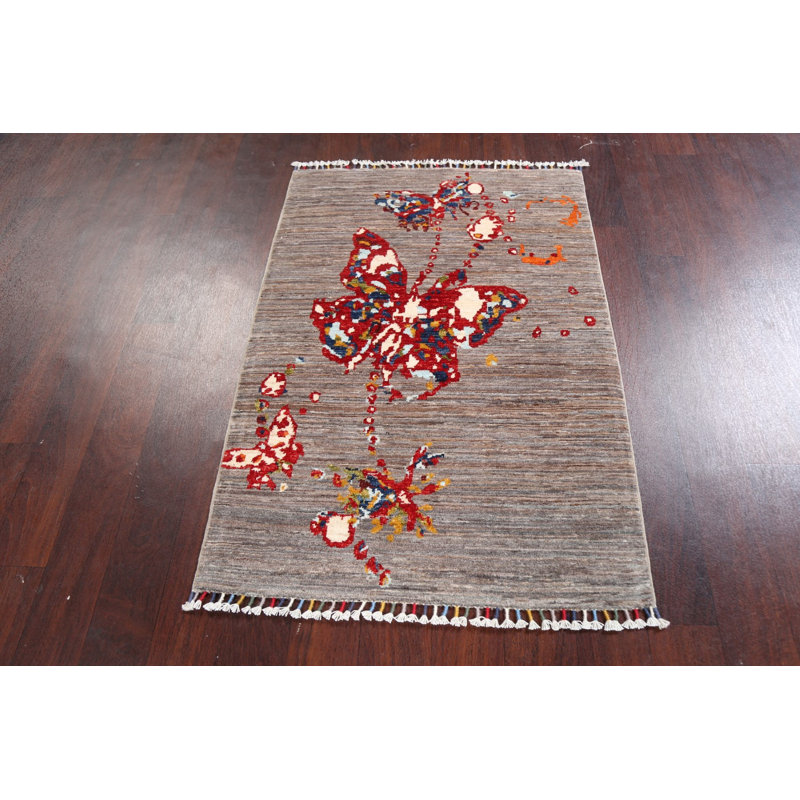 Tapis gris en laine noué à la main de conception unique 2 pi 9 po x 3 pi 11 po Lucie-Mae
